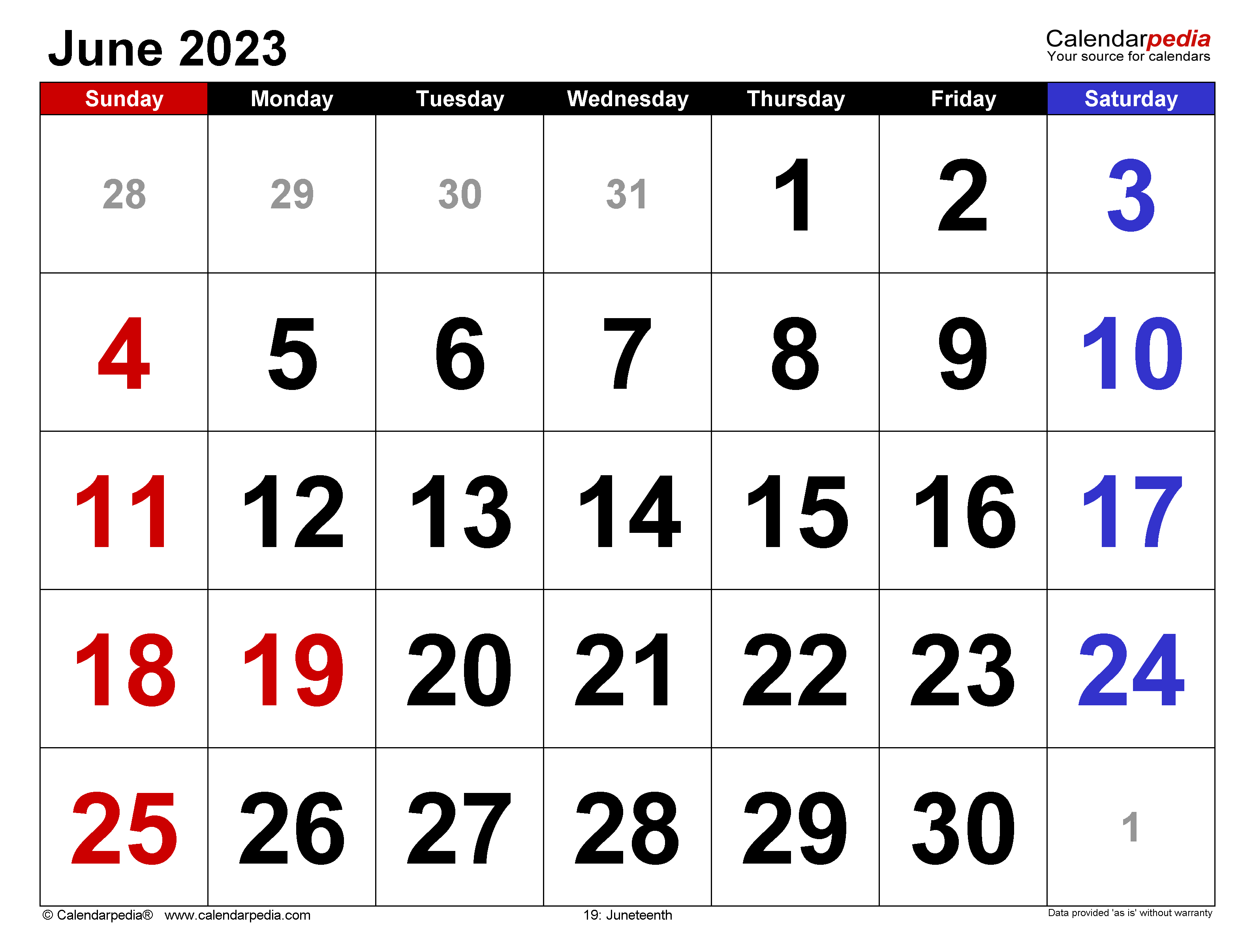 June 2023 Calendar | Templates for Word, Excel and PDF