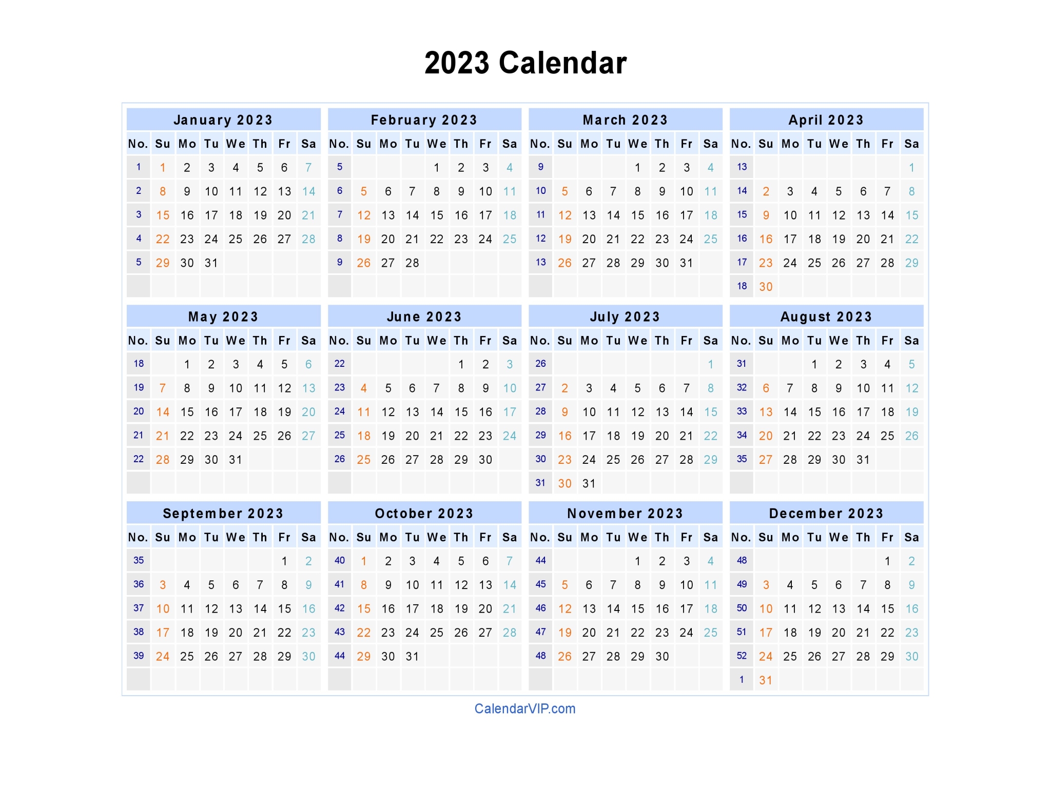 2023 Calendar - Blank Printable Calendar Template in PDF Word Excel
