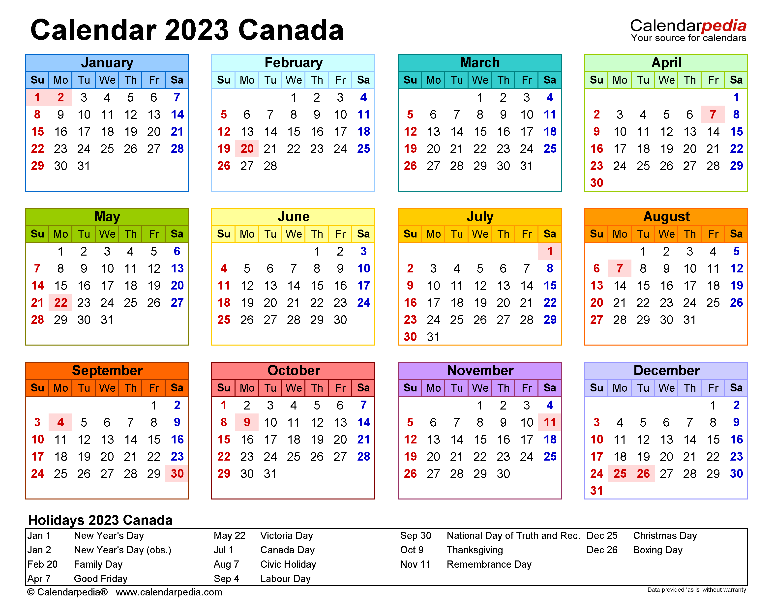 Canada Calendar 2023 - Free Printable PDF templates