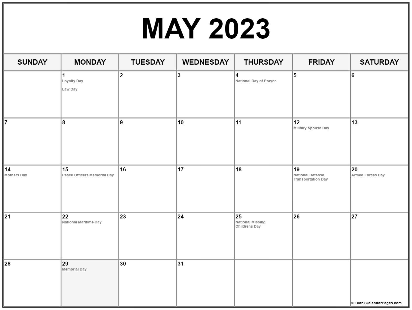 May 2023 with holidays calendar