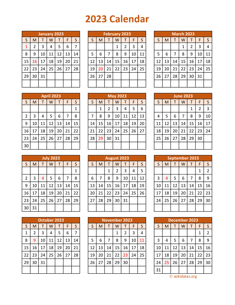 Full Year 2023 Calendar on one page | WikiDates.org