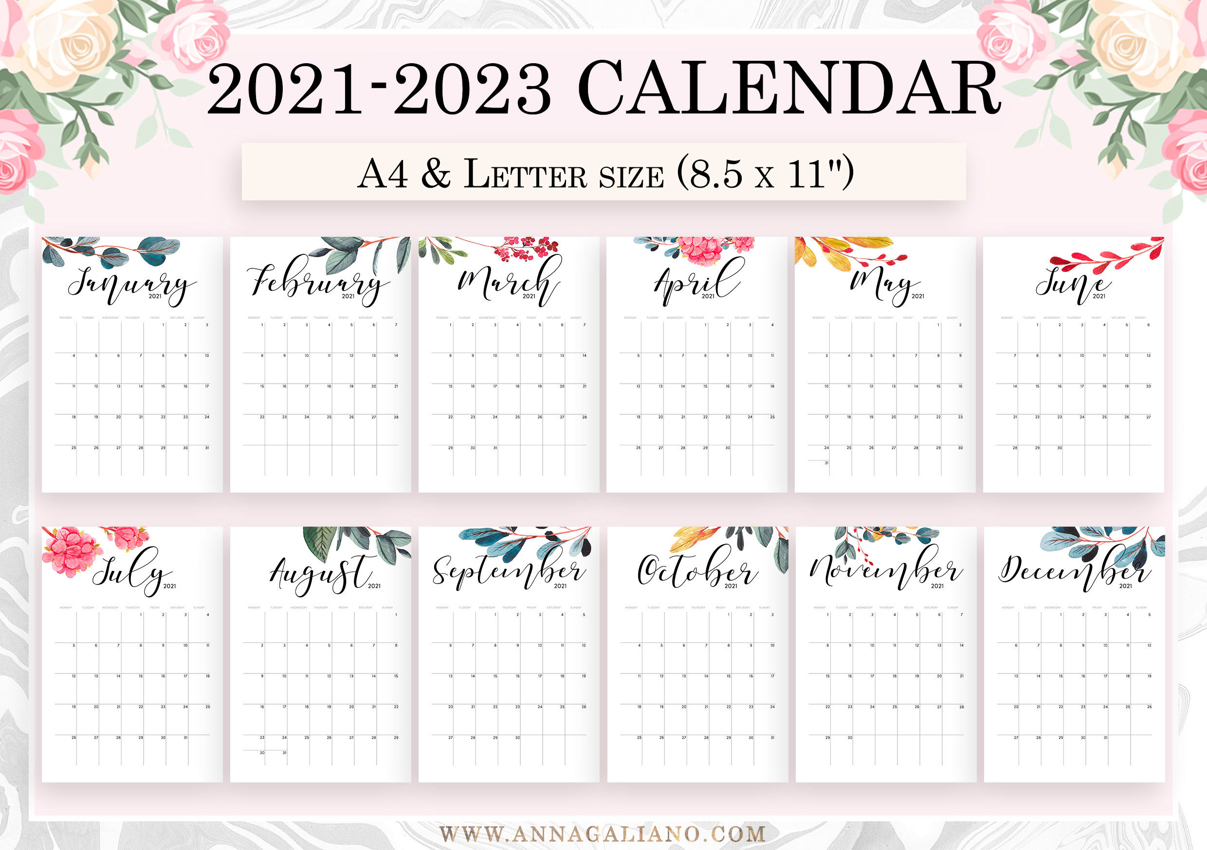 Wall Calendar Printable 2021 2022 2023 Wall Calendar | Etsy