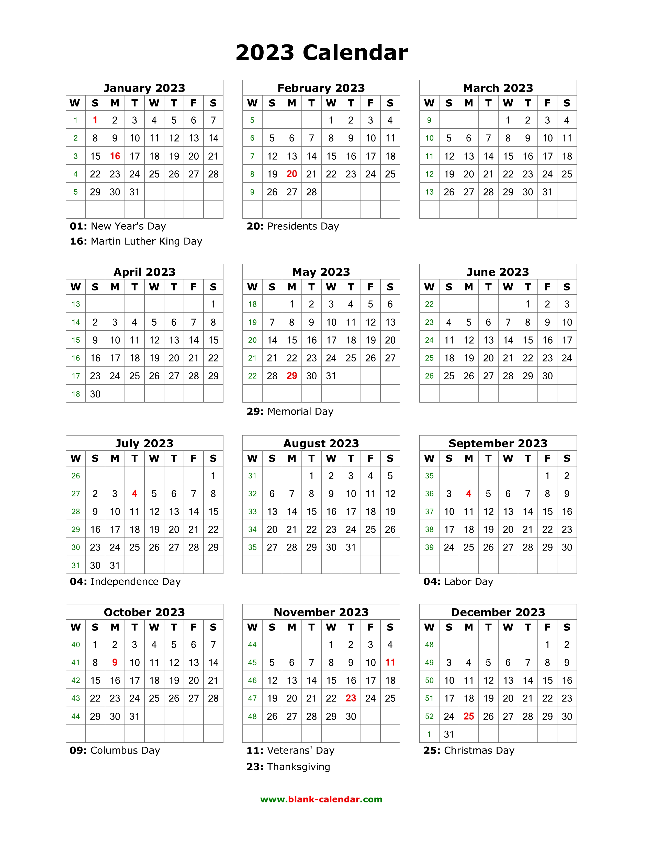 Download Blank Calendar 2023 with US Holidays (12 months on one page