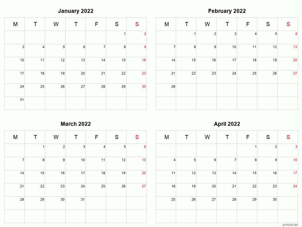 January to April 2022 Printable Calendar | Four Months Per Page