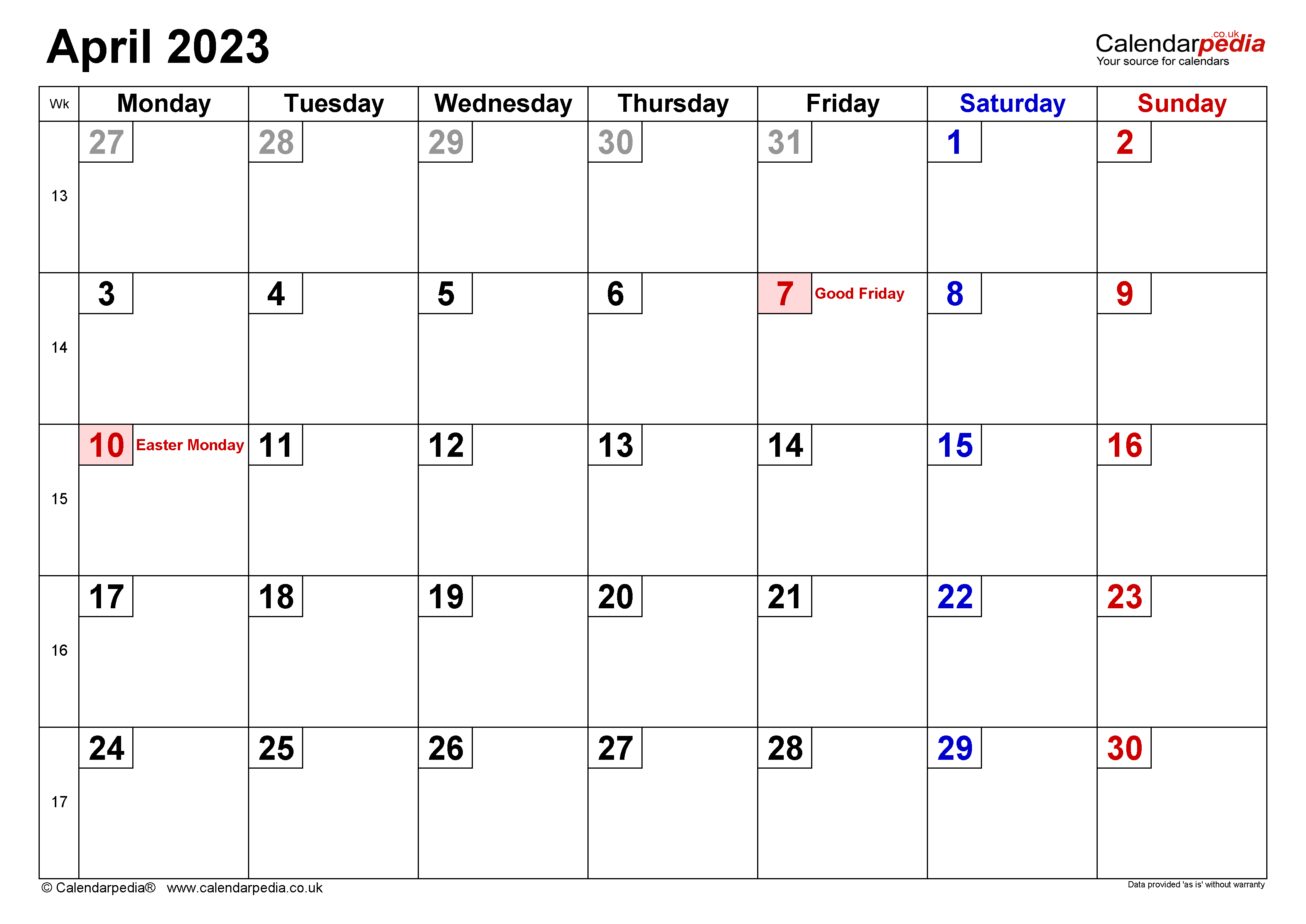 Calendar April 2023 UK with Excel, Word and PDF templates