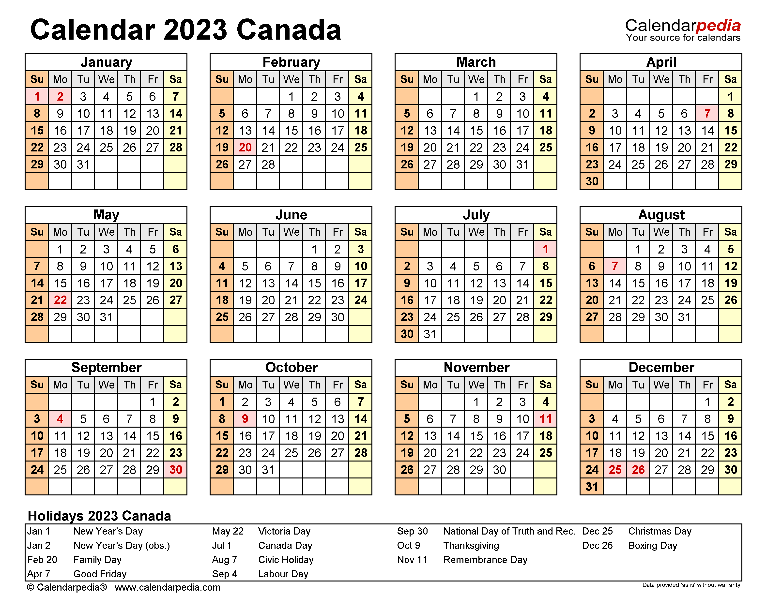 Canada Calendar 2023 - Free Printable Word Templates