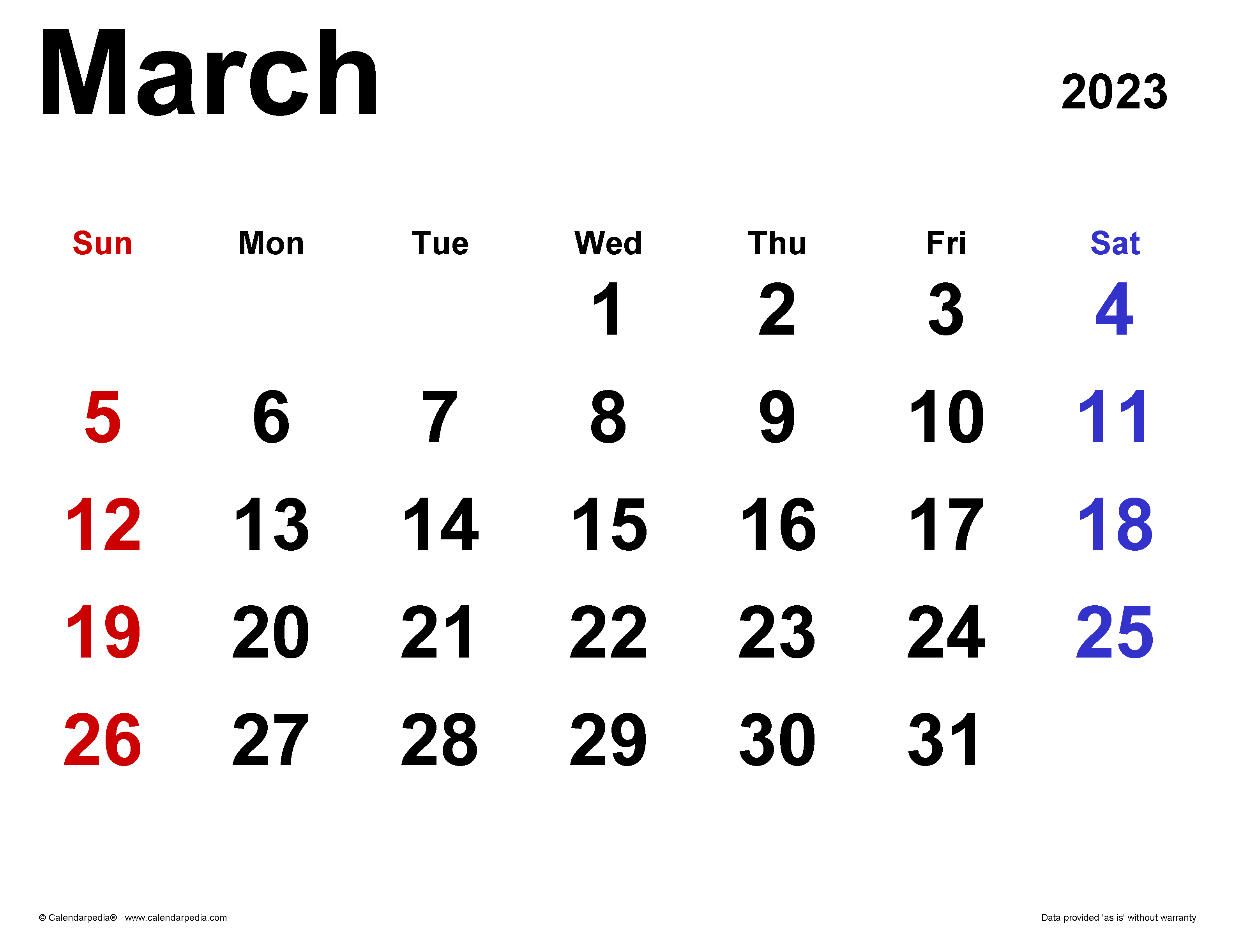 March 2023 Calendar | Templates for Word, Excel and PDF